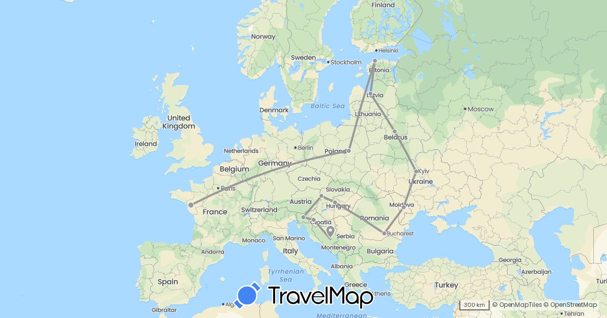 TravelMap itinerary: driving, plane in Bosnia and Herzegovina, Belarus, Estonia, France, Croatia, Hungary, Latvia, Moldova, Poland, Romania, Slovenia, Slovakia, Ukraine (Europe)